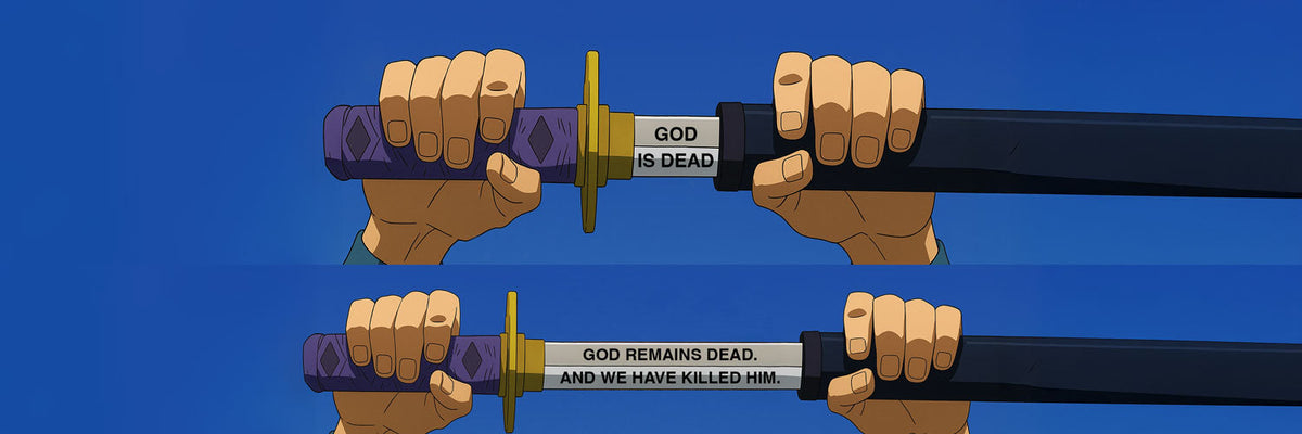 A meme showing two hands draw a katana, revealing Nietzsche's quote: