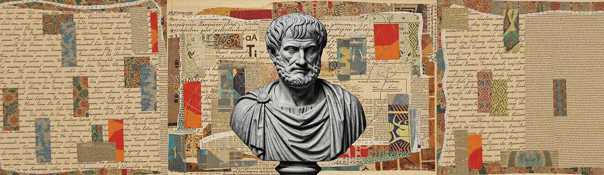 Marble bust of Aristotle centered on a collage background of ancient manuscript pages, geometric patterns, and colorful abstract elements in red, blue, and orange tones