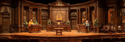 Buddha and Schopenhauer seated at opposite ends of an ornate wooden library or courtroom, surrounded by classical columns, bookshelves, and decorative architectural details in warm lighting