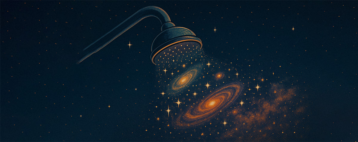 Shower head releasing galaxies and stars instead of water against cosmic background, symbolizing cosmic perspective on daily routines