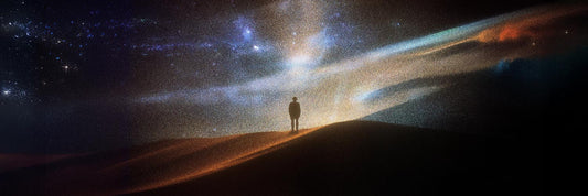 Silhouette of a person standing on a hill against a dramatic cosmic sky with swirling nebula clouds and stars.