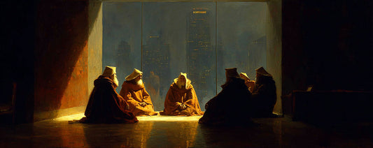 A group of hooded monks in robes sits in a circle on a reflective floor, illuminated by warm light from a large window overlooking a futuristic city skyline at dusk.