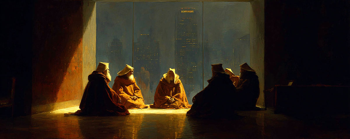 A group of hooded monks in robes sits in a circle on a reflective floor, illuminated by warm light from a large window overlooking a futuristic city skyline at dusk.