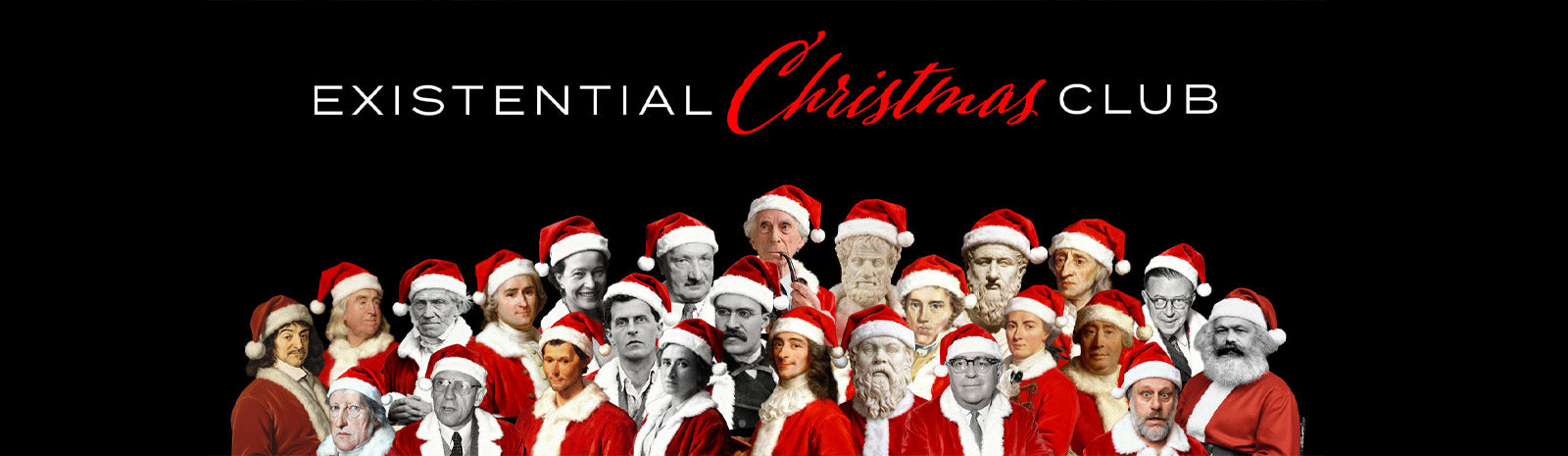 Existential Christmas Club: a crowd of famous philosophers, from marble busts to Karl Marx, all in Santa hats and red coats