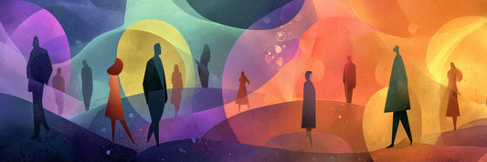 An abstract depiction of various people in contemplative poses in silhouette