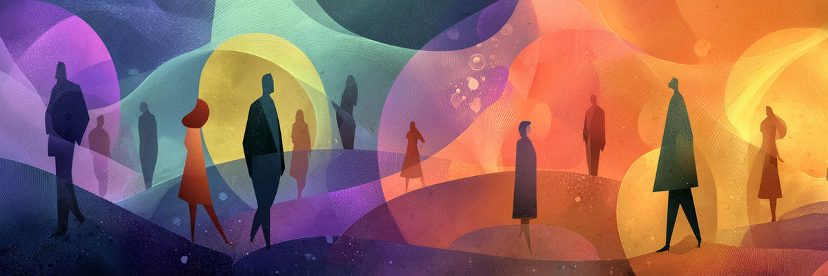 An abstract depiction of various people in contemplative poses in silhouette