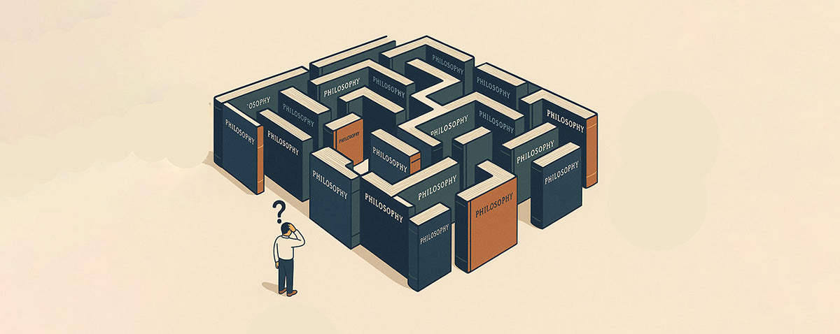 Isometric illustration of confused person standing before a maze made of large philosophy books, representing the complexity and confusion of academic philosophical texts