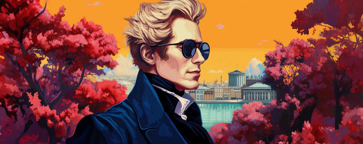 Stylized illustration of Kierkegaard with blonde hair and sunglasses wearing a dark coat, against a backdrop of pink trees, an orange sky, and a cityscape of Kopenhagen.