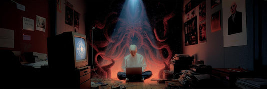 Person sitting cross-legged with laptop in dimly lit room, surrounded by supernatural red tentacle-like manifestation emerging from wall behind them, with blue light beam from above.
