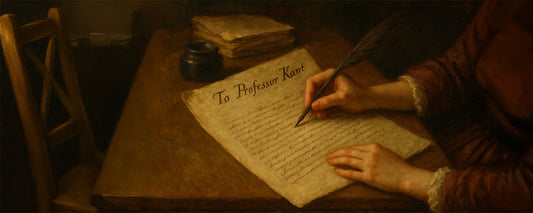 A painting showing hands writing a letter addressed "To Professor Kant," with an inkwell and papers on a wooden desk, rendered in warm golden-brown tones.