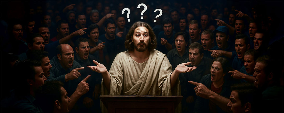 A bearded philosopher with his hands lifted in a shrug as a crowd of people in a darkened room point their fingers at him.