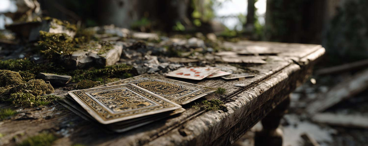An antique table containing an array of playing cards in a moody style.