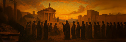 Ancient Academy Scene: A stylized illustration of Plato's Academy with silhouettes of philosophers gathered around