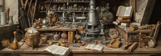 Spinoza's lens grinding workshop with wooden workbenches, optical grinding equipment, glass vessels, open books, and scientific instruments in a 17th-century setting.