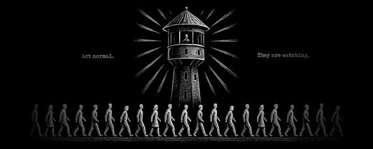 Illustration of a surveillance tower resembling a panopticon, with a guard inside watching rows of uniform, expressionless people walking in line below. Rays of light emphasize the watchtower’s presence. The phrases “Act normal.” and “They are watching.”