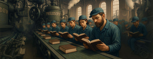 Illustrated philosophy factory workers in blue uniforms reading books on an assembly line in industrial setting