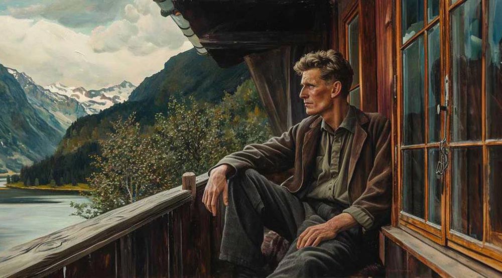 Painting of Ludwig Wittgenstein on the balcony of his hut in Norway