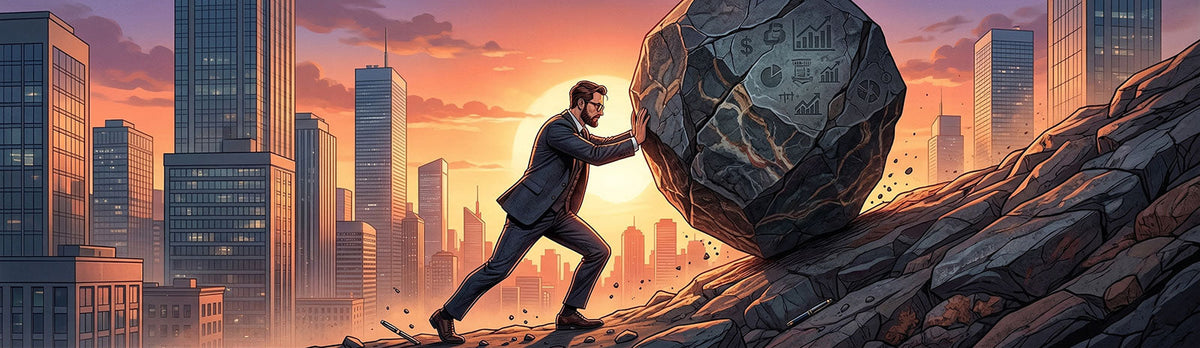 Modern businessman pushing giant boulder uphill against urban skyline at sunset, symbolizing Sisyphus and absurdism philosophy concept