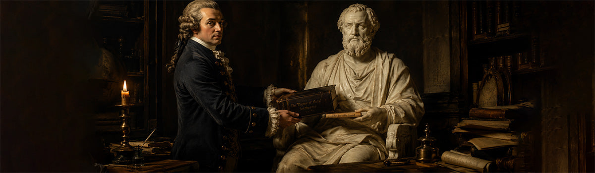 A period-dressed 18th century figure glances sideways at the viewer while swapping a book titled The Theory of Moral Sentiments from the hands of a marble philosopher statue, replacing it with a thinner volume titled The Invisible Hand. Candlelit library.