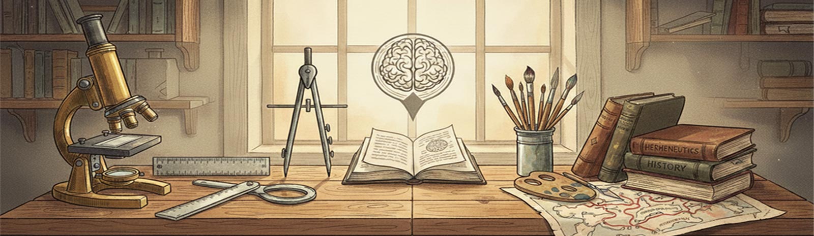 Analytic vs continental philosophy desk scene with scientific tools on left, artistic and interpretive tools on right, and brain symbol in center representing two approaches to philosophy