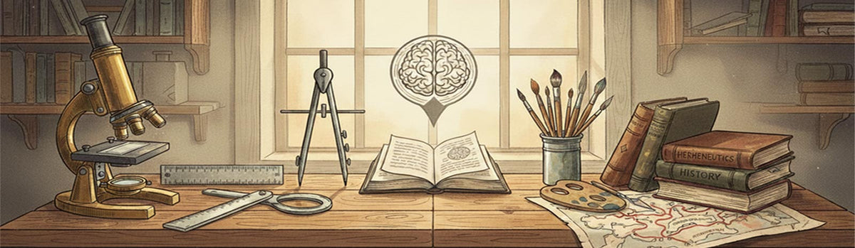 Analytic vs continental philosophy desk scene with scientific tools on left, artistic and interpretive tools on right, and brain symbol in center representing two approaches to philosophy