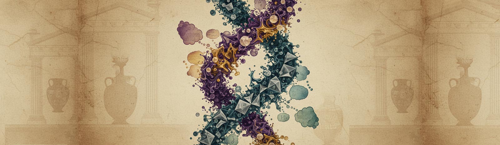 Apollonian vs Dionysian philosophy banner showing collision of chaotic organic purple-gold forms (Dionysian intoxication) with ordered geometric teal structures (Apollonian reason) against ancient Greek amphora background, illustrating Nietzsche's duality