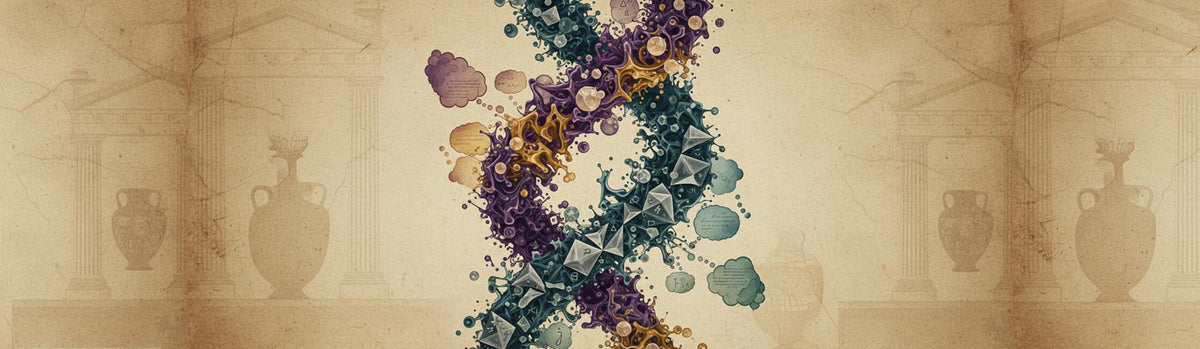Apollonian vs Dionysian philosophy banner showing collision of chaotic organic purple-gold forms (Dionysian intoxication) with ordered geometric teal structures (Apollonian reason) against ancient Greek amphora background, illustrating Nietzsche's duality