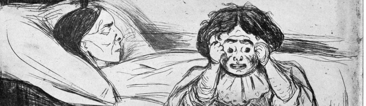 A Munch sketch of a young person looking distraught as an older person lies in bed (presumably dead) behind them.