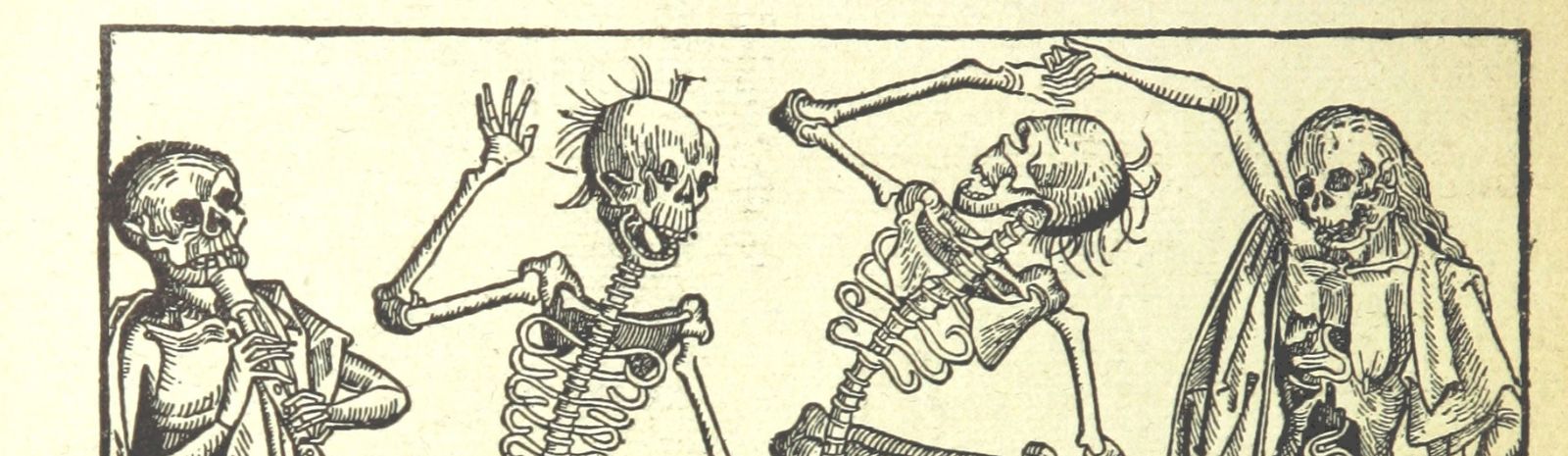 A closeup of some skeletons getting down with their bad selves (dancing) from the Nuremberg Chronicle.