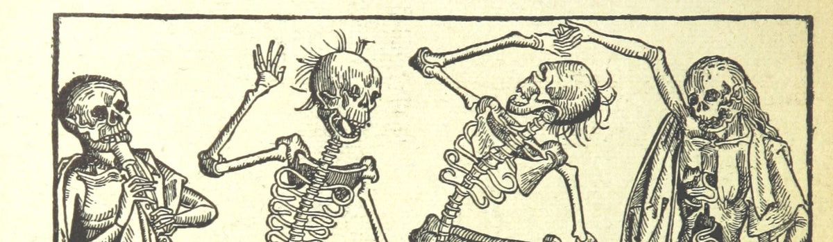 A closeup of some skeletons getting down with their bad selves (dancing) from the Nuremberg Chronicle.
