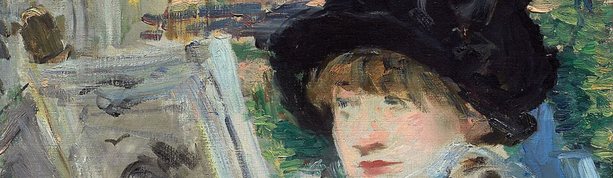 A detail from an Impressionist painting by Edouard Manet, with a very painterly face of a woman and her reading material in an outdoor background.