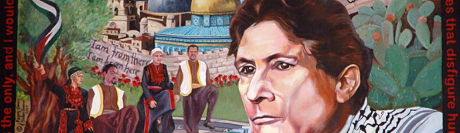 A part of a mural with philosopher Edward Said painted in profile, images of traditional Middle Eastern people and buildings in the background.