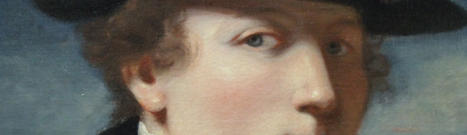 A closeup of a portrait, the eye and a bit of the hair at the edge of the face visible. It appears to be 18th century.
