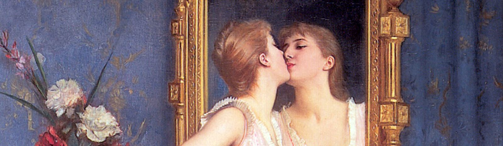 A detail from August Toulmouche's "Vanity," where a woman in a pink dress kisses her reflection.