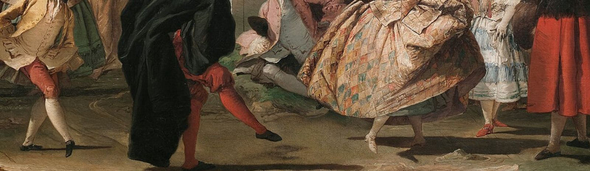 A fragment from a painting, of a man wearing red tights and dancing shoes in 18th century style, and a woman's skirts and shoes.