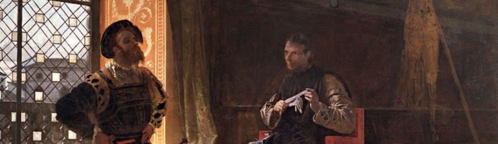 A detail from a painting, with Machiavelli, a man dressed in black, seated in a darkened room.