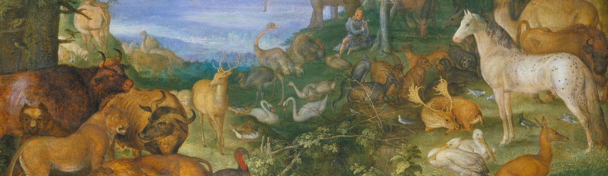 A closeup of a 17th century painting depicting Orpheus with his lyre and many birds, a horse, a lion, oxen, and other animals surrounding him.