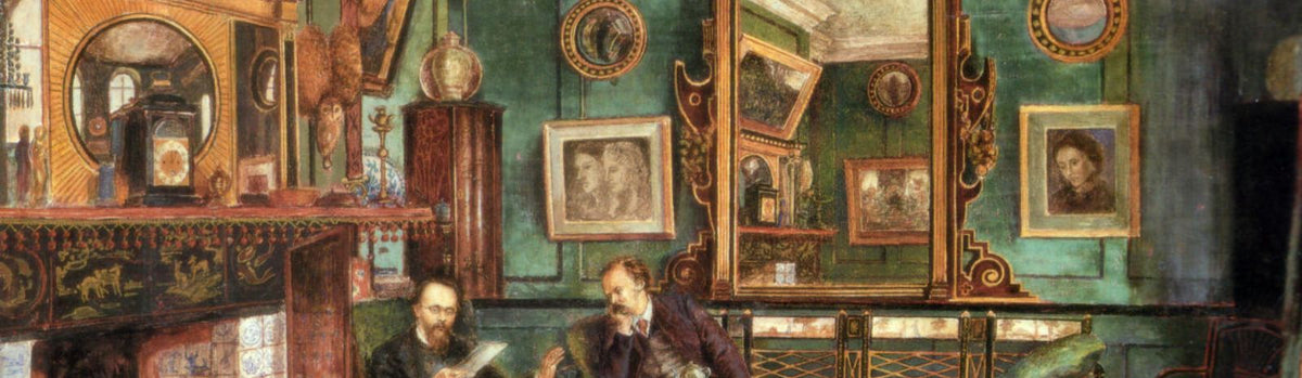A painting of two Victorian men in a room that is very cluttered with paintings.