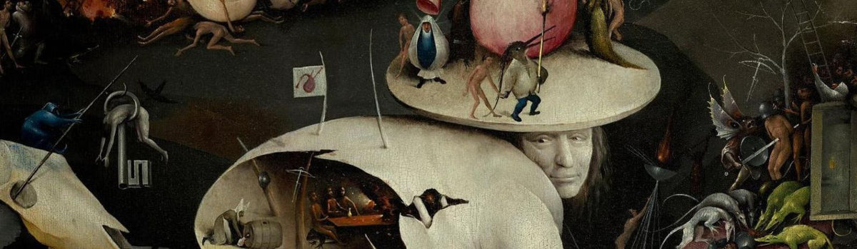 A detail from Hieronymous Bosch's triptych, The Garden of Earthly Delights, depicting some very strange torments in Hell, with beaked tormenters leading suffering humans around.