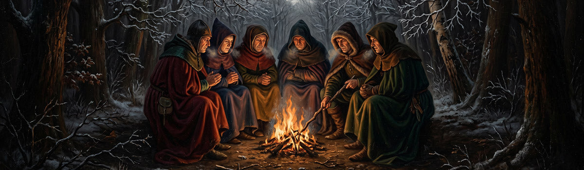 Painting of six hooded medieval figures huddled around a campfire in a snowy forest, keeping a careful distance from each other while sharing warmth.