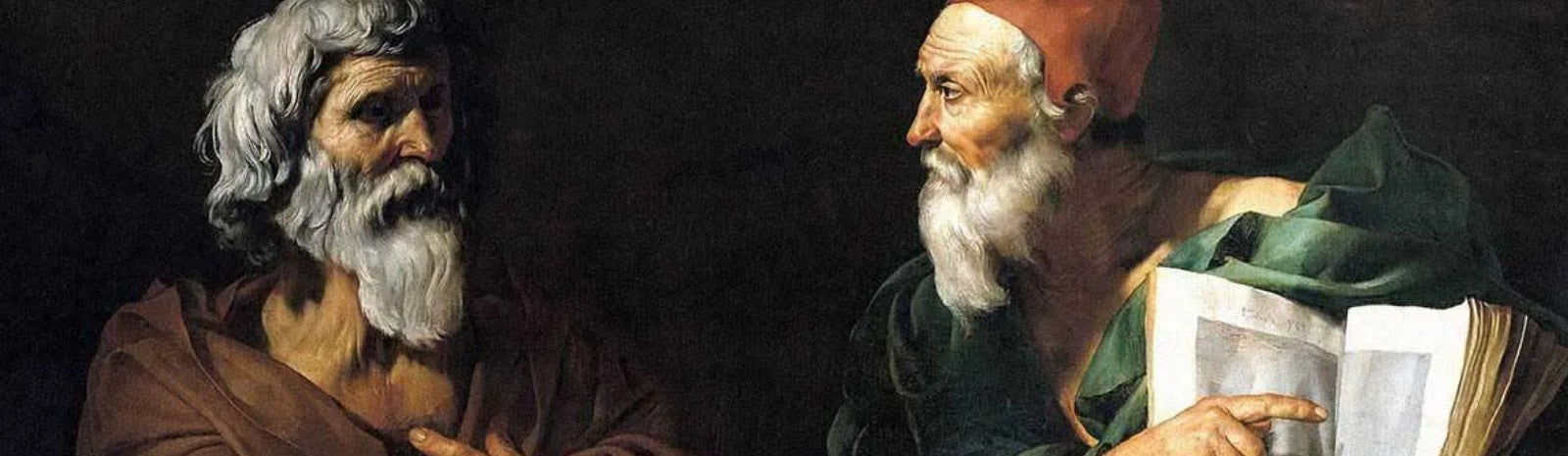 A painting of two old bearded men in a darkened room, the one on the right pointing to an open book in his hand.