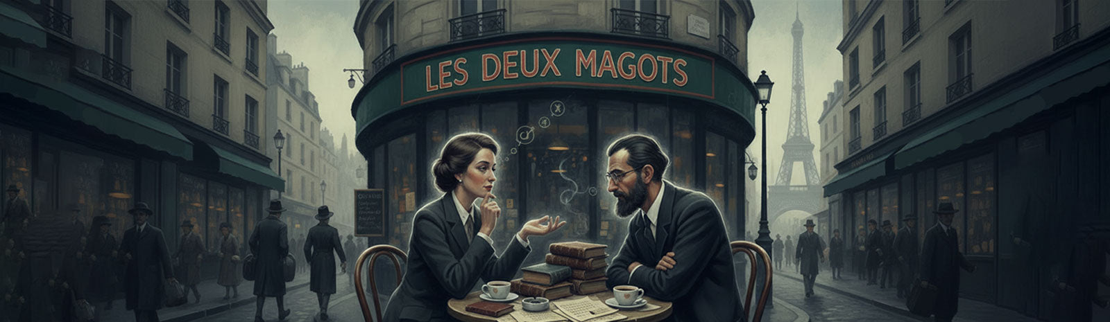 Simone de Beauvoir and Jean-Paul Sartre having philosophical discussion at Les Deux Magots café in Paris, 1940s existentialist intellectuals with books and coffee, feminist philosophy setting