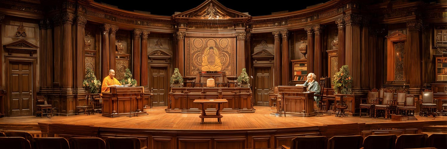 Buddha and Schopenhauer seated at opposite ends of an ornate wooden library or courtroom, surrounded by classical columns, bookshelves, and decorative architectural details in warm lighting