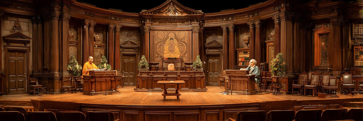 Buddha and Schopenhauer seated at opposite ends of an ornate wooden library or courtroom, surrounded by classical columns, bookshelves, and decorative architectural details in warm lighting