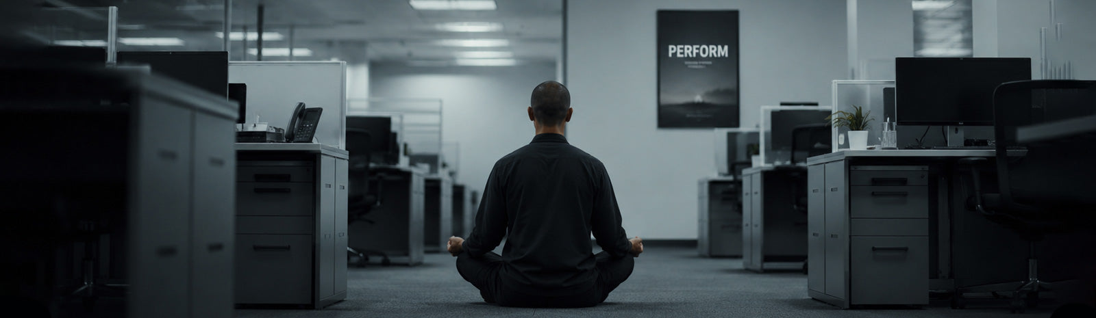 Person meditating alone in an empty corporate office under fluorescent lights.