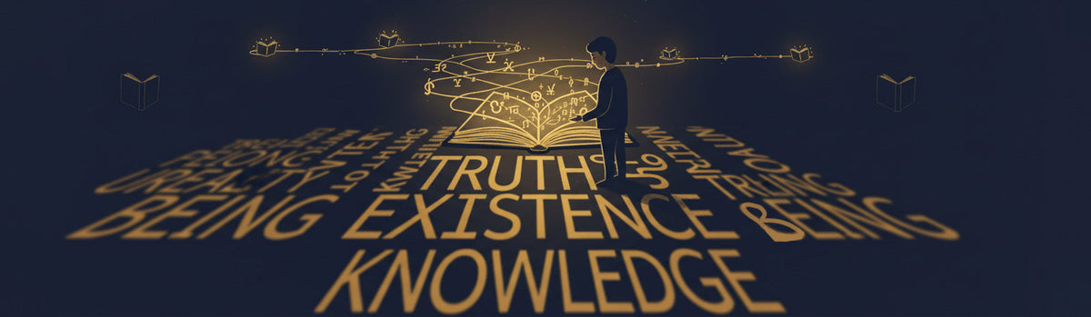 Person reading philosophy with illuminated pathways of meaning emerging from book, golden text including truth, existence, knowledge in depth perspective, Death of the Author banner illustration