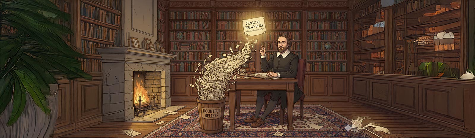 Descartes practicing methodical doubt in his study, throwing doubtful beliefs into barrel labeled "Doubtful Beliefs" while discovering Cogito ergo sum (I think therefore I am) certainty