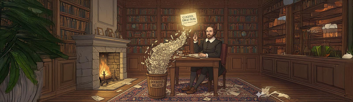 Descartes practicing methodical doubt in his study, throwing doubtful beliefs into barrel labeled 