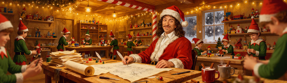 René Descartes in Santa suit working at desk in toy workshop with elves making toys