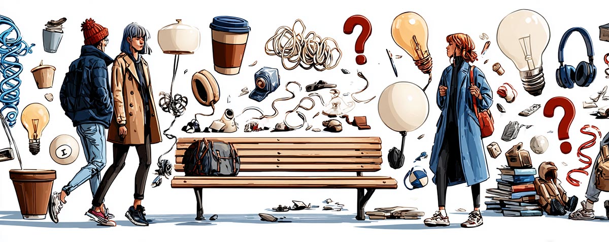 Three people dressed for autumn activities near a park bench. In the background , day to day objects such as coffee cups, magic eight balls, and books float, along with a question mark.